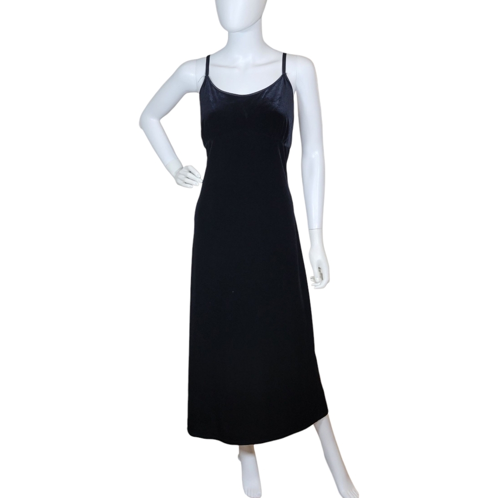 Vintage Y2K Velvet Midi Dress Womens Large Black Strappy Grunge Glam Soft‎ Goth